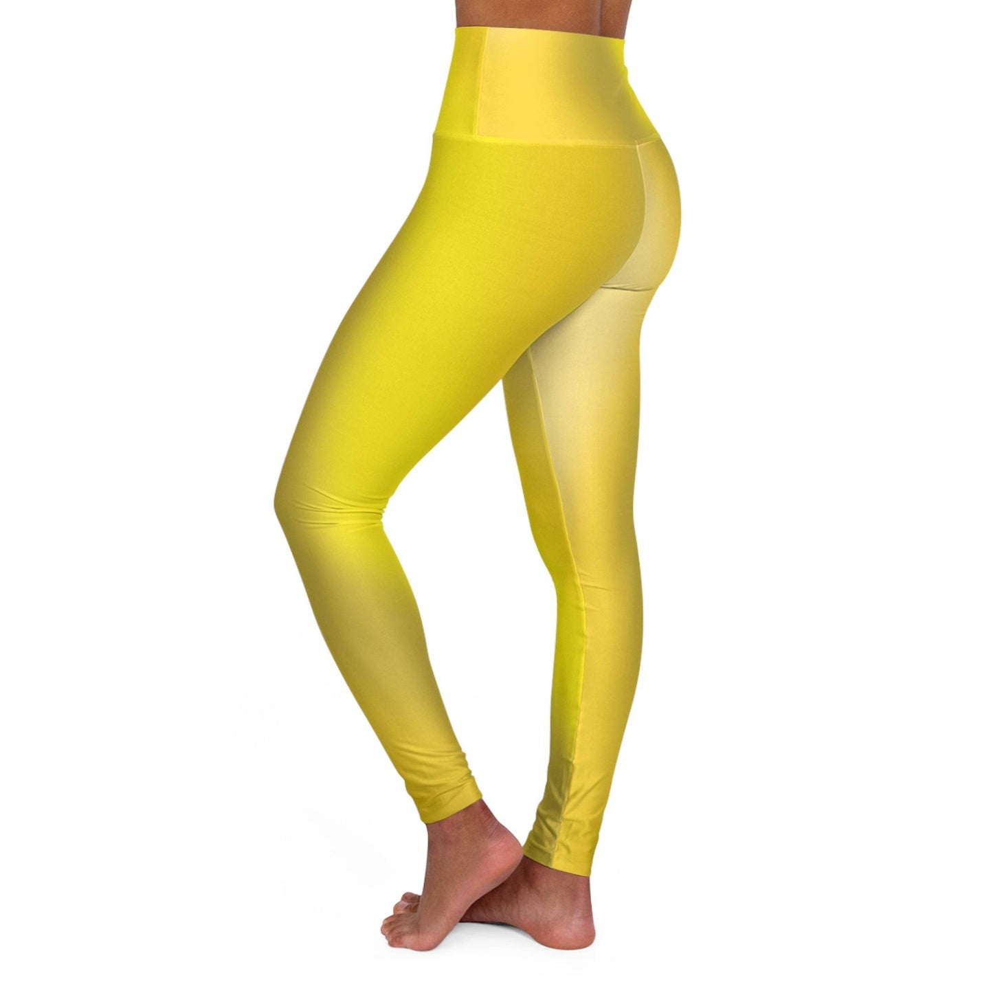 Woman wearing Vibrant Gradient Yellow High Waist Yoga Leggings  Left Side View on a White Background - Printspirationz