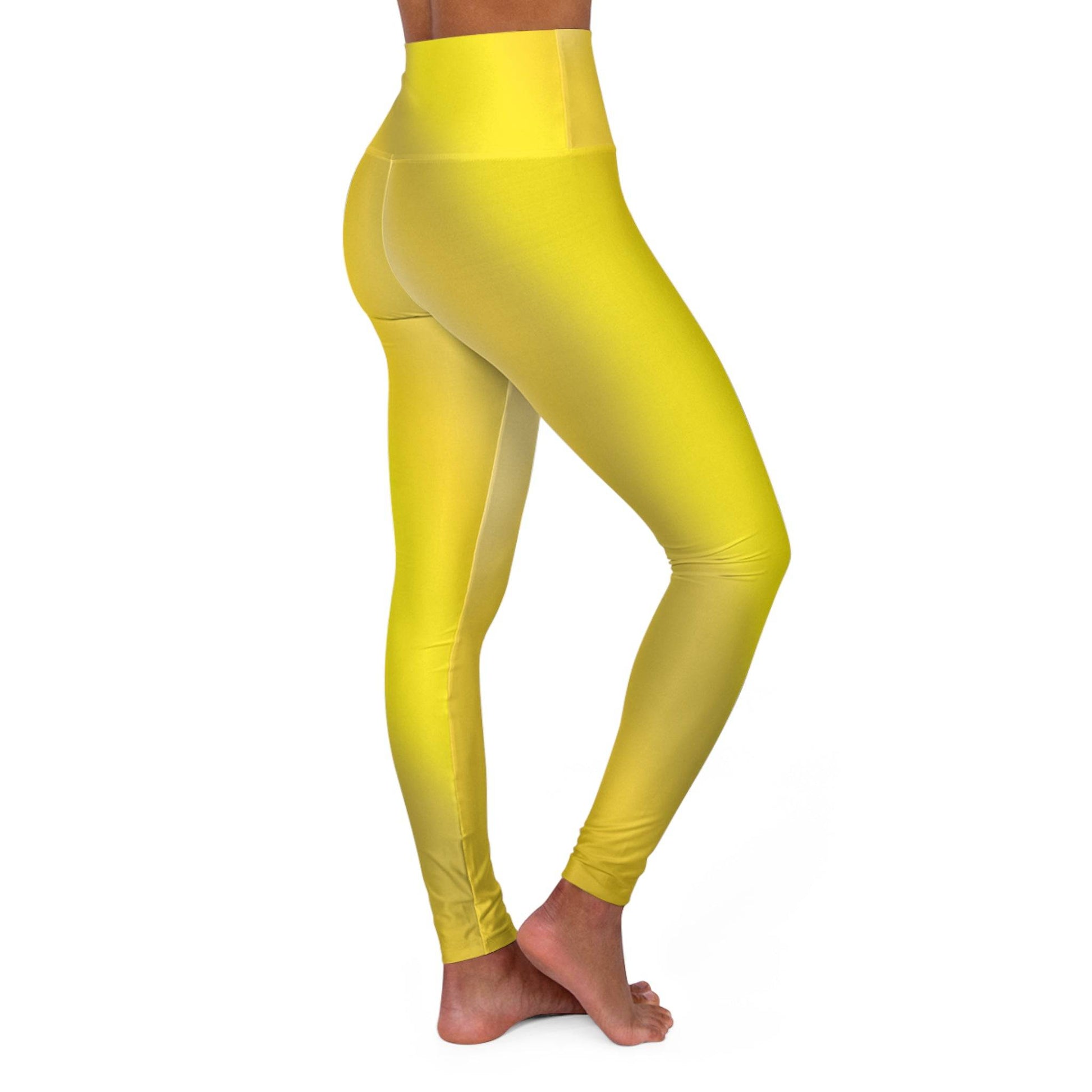 Woman wearing Vibrant Gradient Yellow High Waist Yoga Leggings  Right Side View on a White Background - Printspirationz