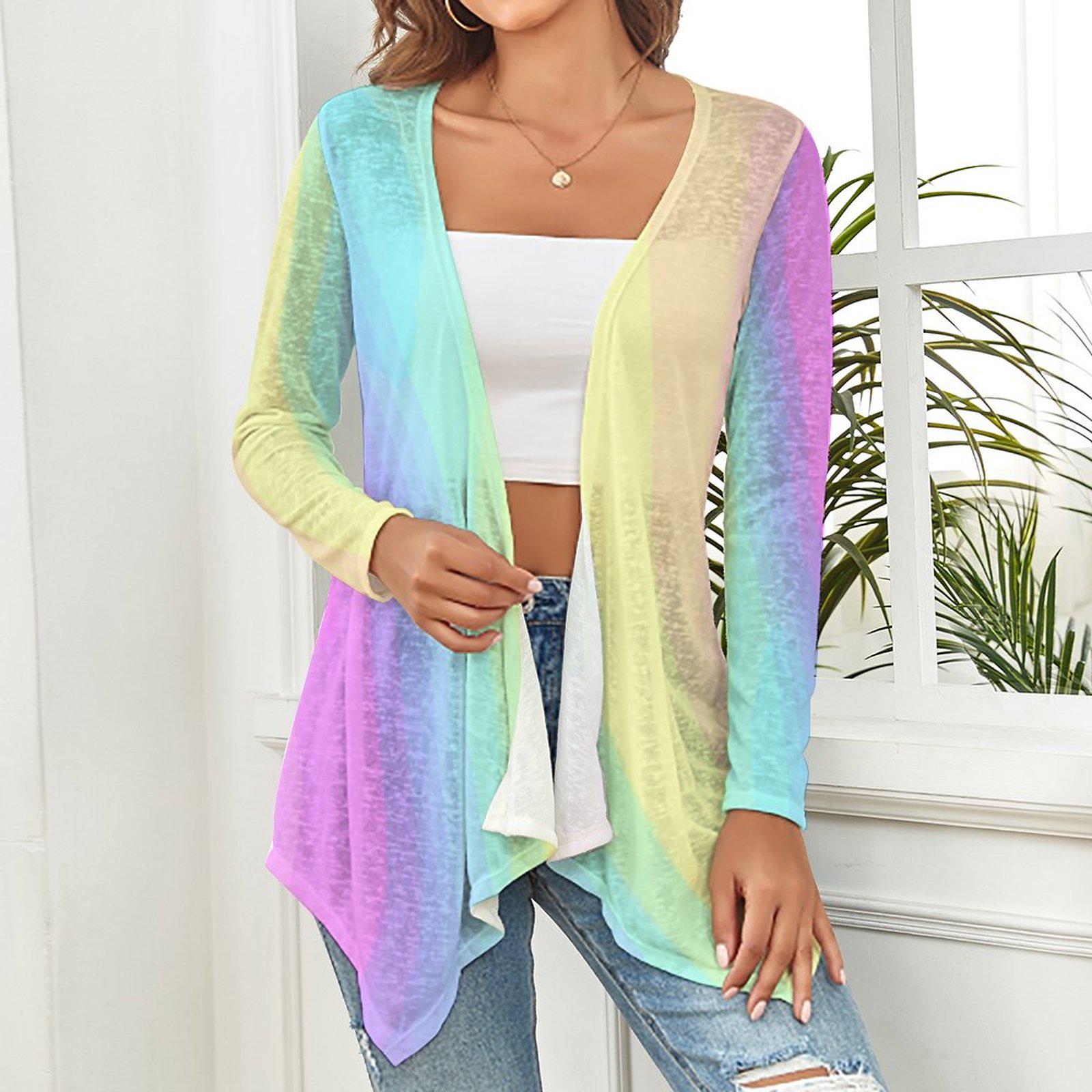 Soft Pastel Rainbow Cardigan | Boho Chic Knit Cardigan for Layering & Everyday Wear - Drop Shoulder Women's Open Shirt with Irregular Hem - Printspirationz
