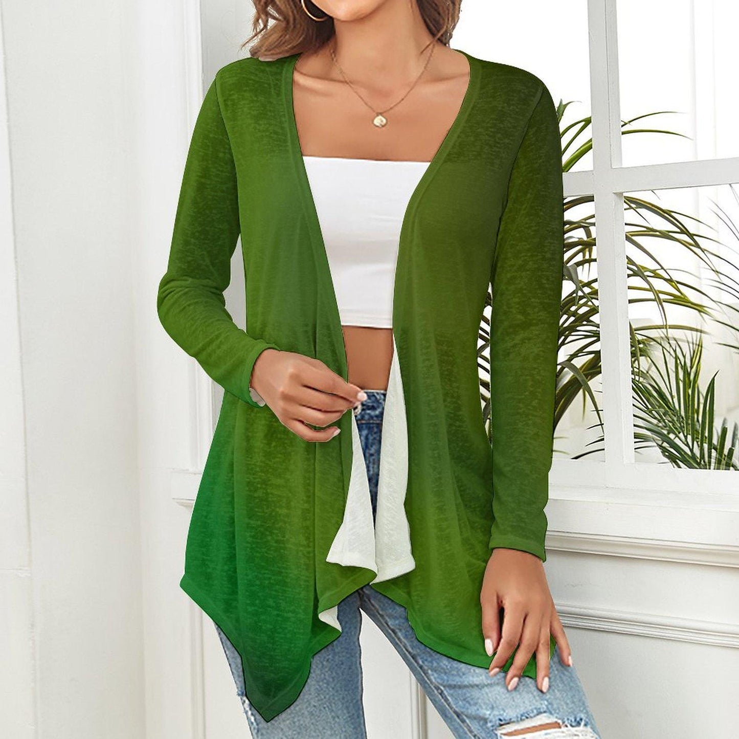 Gradient Dark Green Drop-Shoulder Women’s Open Shirt, Cardigan with Irregular Hem - Printspirationz