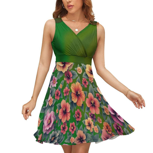Green Hibiscus Floral Sleeveless High Waist Dress | Above Knee Circle Skirt - Perfect Summer Outfit