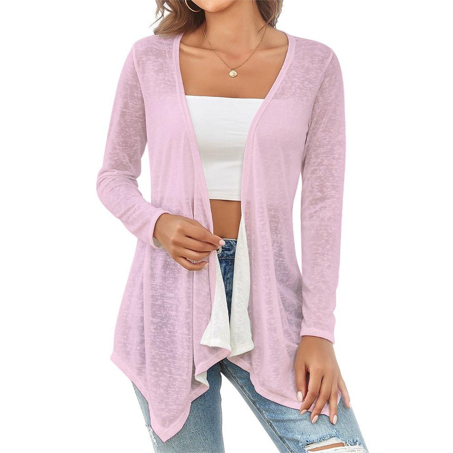 Pink Drop Shoulder Open Shirt Cardigan with Irregular Hem for Women - Printspirationz