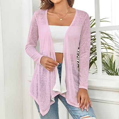 Pink Drop Shoulder Open Shirt Cardigan with Irregular Hem for Women - Printspirationz