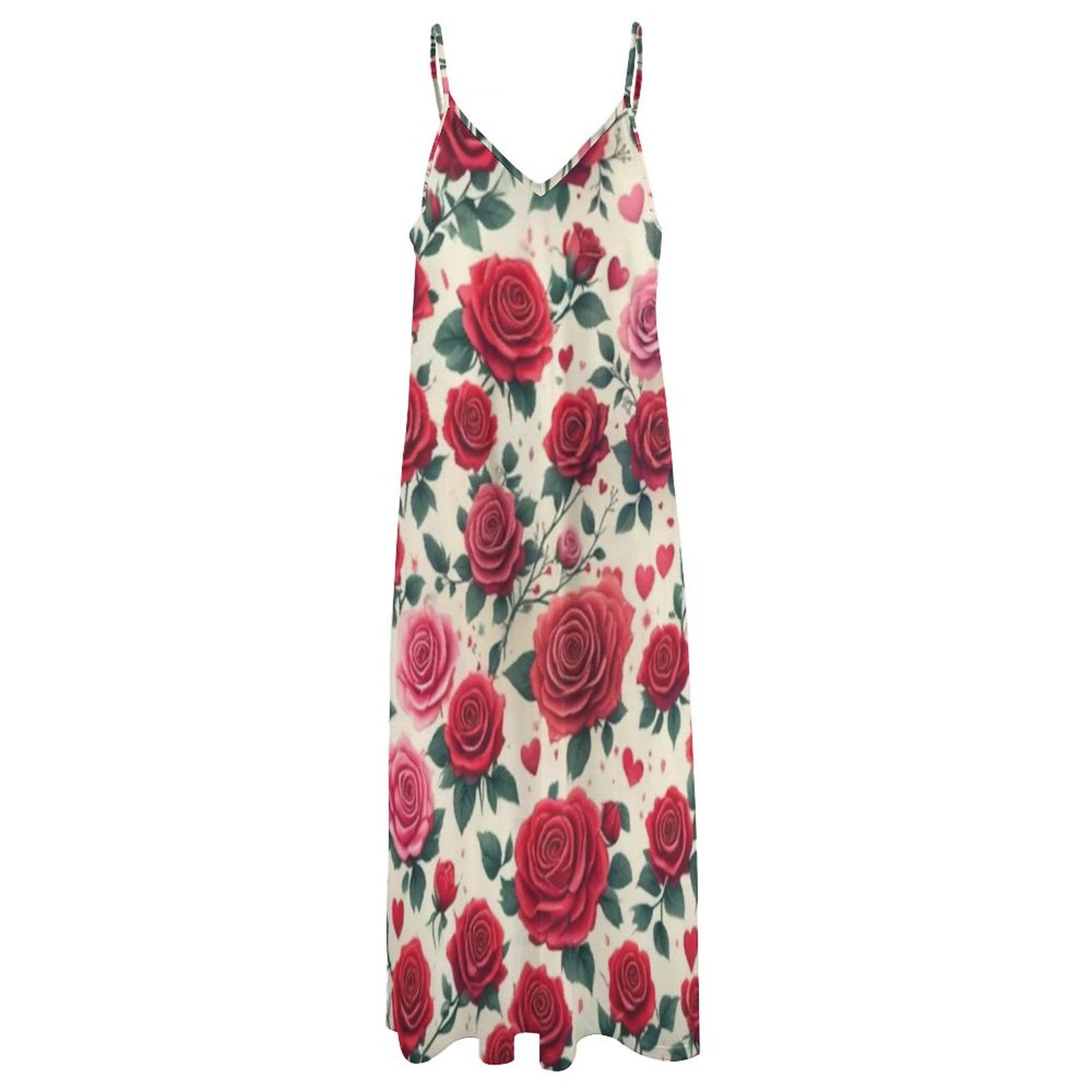 Sleeveless Boho Ankle Length Sling Maxi Dress Featuring Gorgeous Red Roses Print - Summer Outfit Essential - Printspirationz