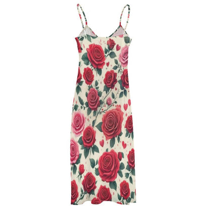 Sleeveless Boho Ankle Length Sling Maxi Dress Featuring Gorgeous Red Roses Print - Summer Outfit Essential - Printspirationz