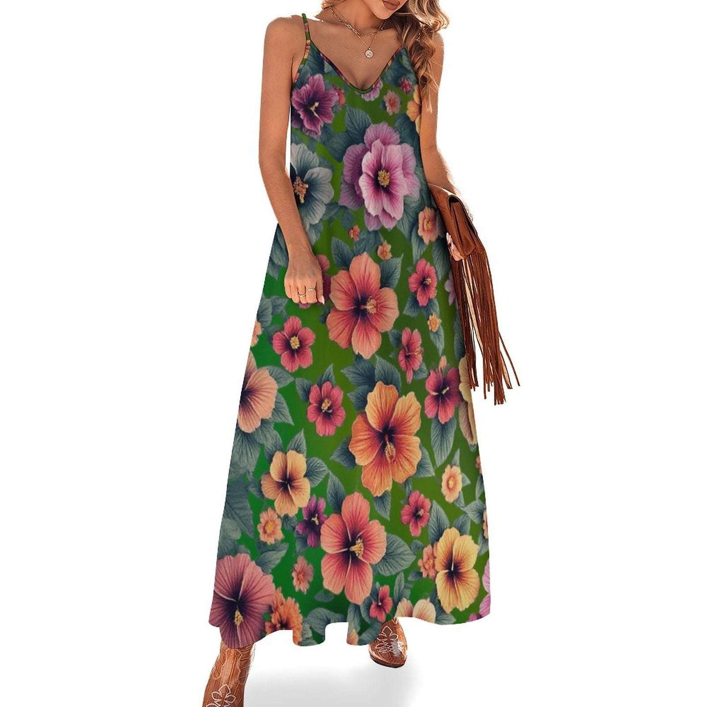 Sleeveless Boho Ankle Length Sling Maxi Dress Featuring Gorgeous Red Roses Print - Summer Outfit Essential