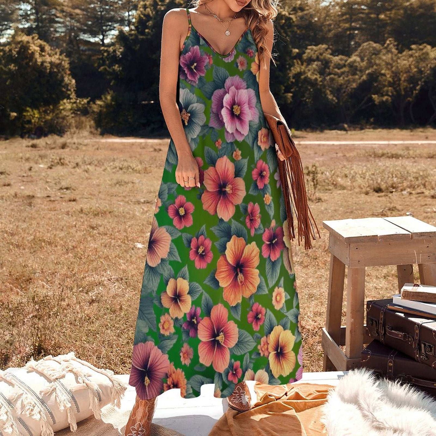 Sleeveless Boho Ankle Length Sling Maxi Dress Featuring Gorgeous Red Roses Print - Summer Outfit Essential