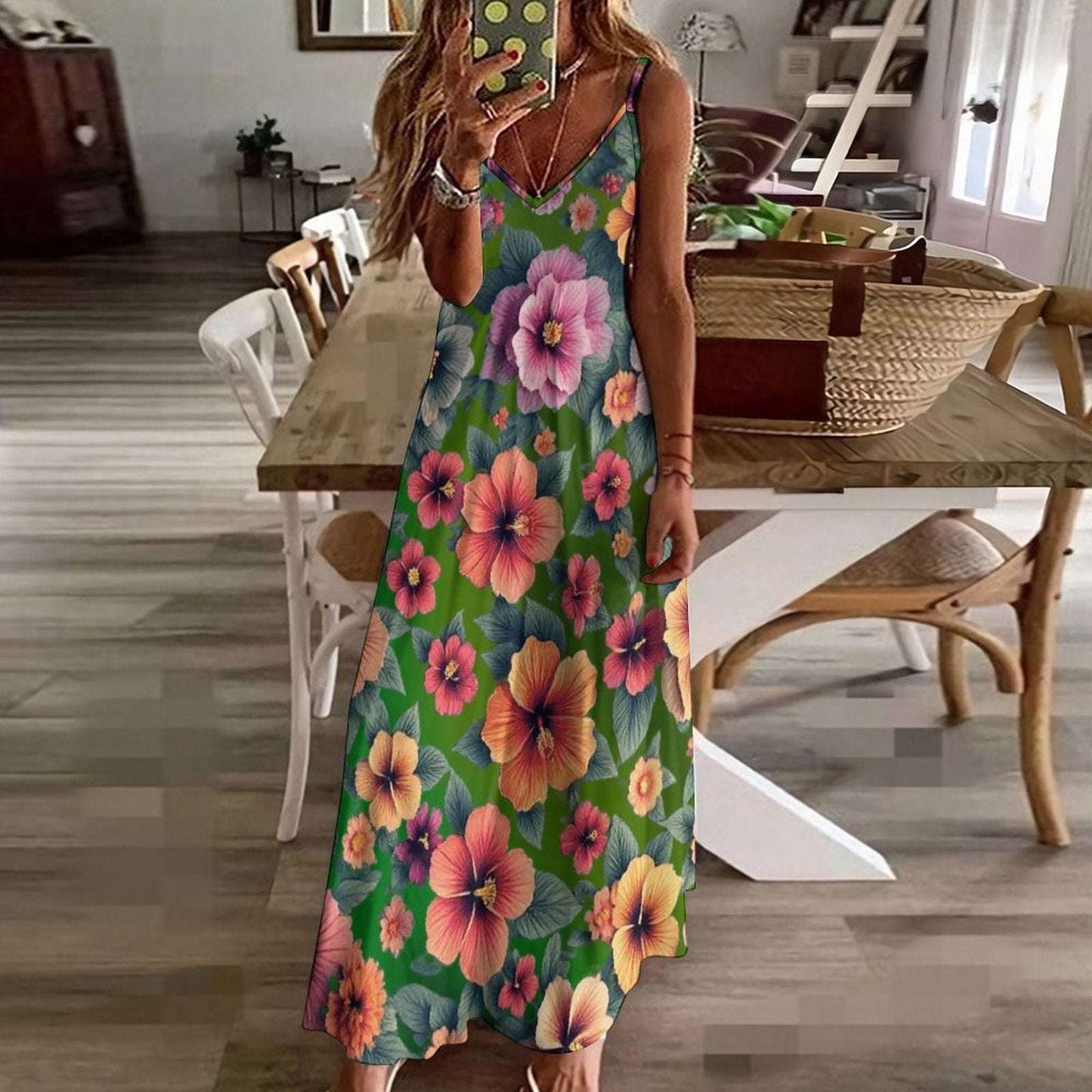 Sleeveless Boho Ankle Length Sling Maxi Dress Featuring Gorgeous Red Roses Print - Summer Outfit Essential
