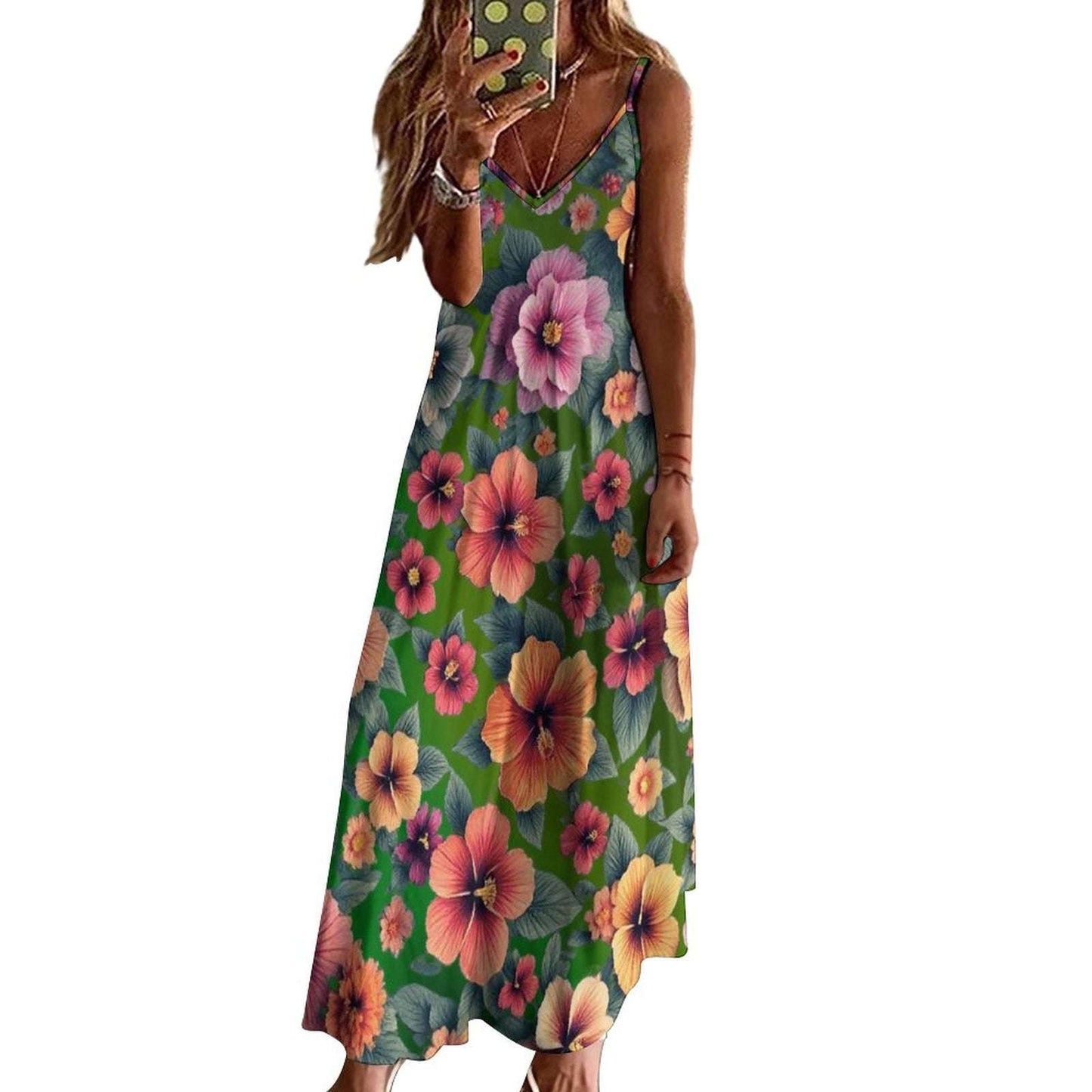 Sleeveless Boho Ankle Length Sling Maxi Dress Featuring Gorgeous Red Roses Print - Summer Outfit Essential