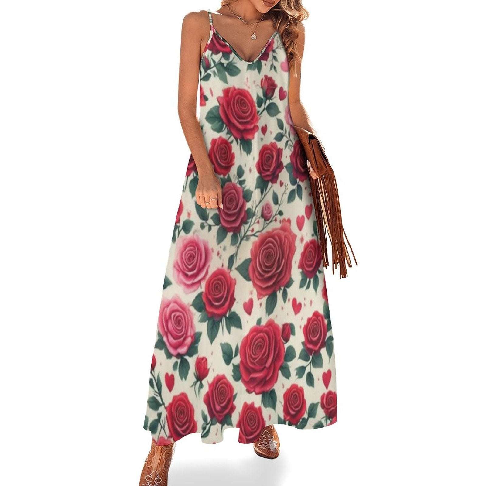 Sleeveless Boho Ankle Length Sling Maxi Dress Featuring Gorgeous Red Roses Print - Summer Outfit Essential