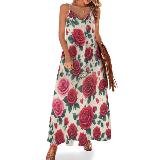 Sleeveless Boho Ankle Length Sling Maxi Dress Featuring Gorgeous Red Roses Print - Summer Outfit Essential