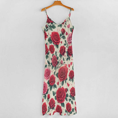 Sleeveless Boho Ankle Length Sling Maxi Dress Featuring Gorgeous Red Roses Print - Summer Outfit Essential
