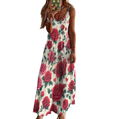 Sleeveless Boho Ankle Length Sling Maxi Dress Featuring Gorgeous Red Roses Print - Summer Outfit Essential