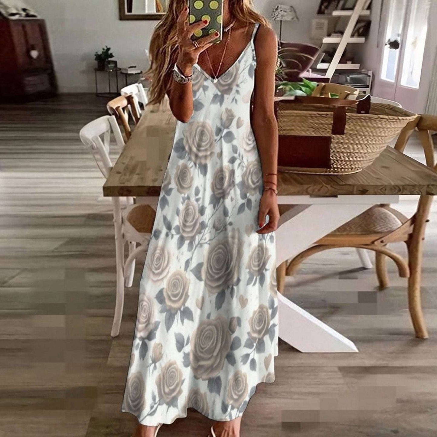 Sleeveless Boho Ankle Length Sling Maxi Dress Featuring Gorgeous Roses Print - Summer Outfit Essential