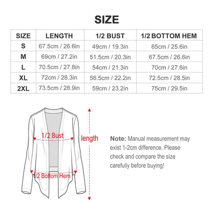 Drop-Shoulder Women’s Open Shirt, Cardigan with Irregular Hem Size Chart- Printspirationz