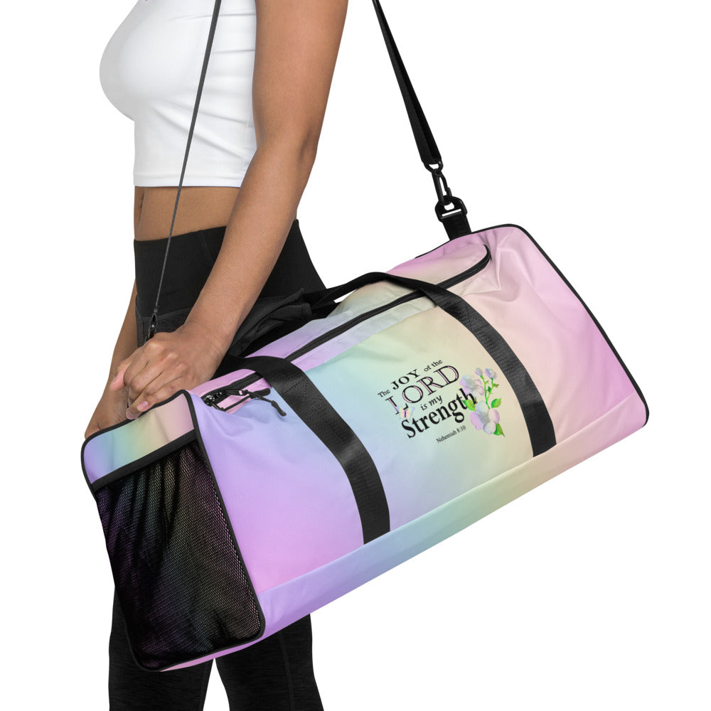 Sports Duffel Bag, Nehemiah 8:10 'The Lord is My Strength' Floral Design, Sports Gym Equipment Gear, Valentines Gift, Active Christian Women - Printspirationz