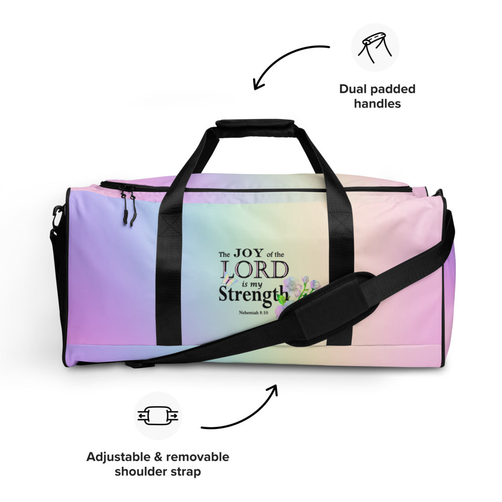 Sports Duffel Bag, Nehemiah 8:10 'The Lord is My Strength' Floral Design, Sports Gym Equipment Gear, Valentines Gift, Active Christian Women - Printspirationz
