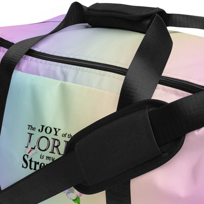 Sports Duffel Bag, Nehemiah 8:10 'The Lord is My Strength' Floral Design, Sports Gym Equipment Gear, Valentines Gift, Active Christian Women - Printspirationz