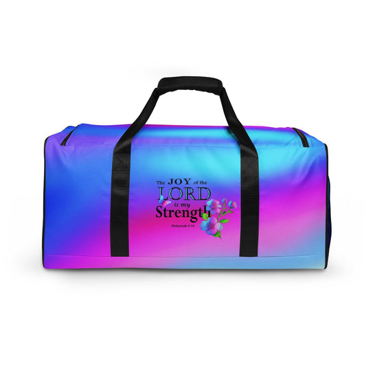 Sports Duffel Bag, Nehemiah 8:10 'The Lord is My Strength' Floral Design, Sports Gym Equipment Gear, Valentines Gift, Active Christian Women - Printspirationz