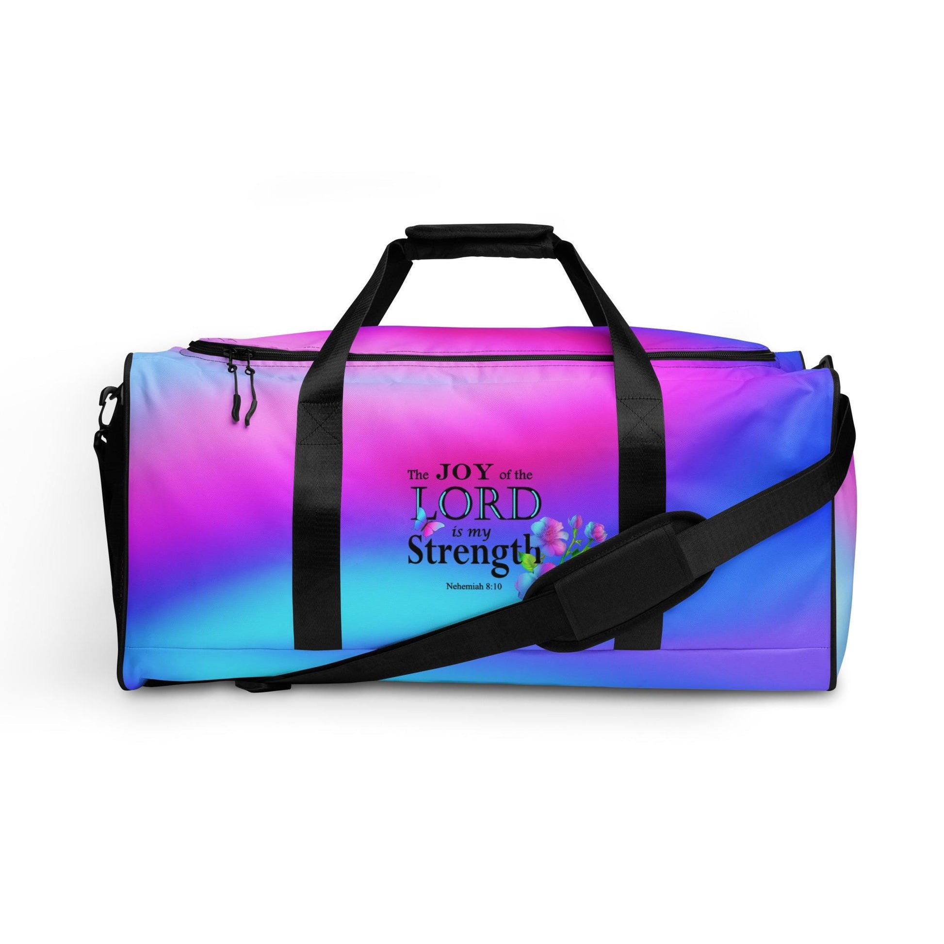 Sports Duffel Bag, Nehemiah 8:10 'The Lord is My Strength' Floral Design, Sports Gym Equipment Gear, Valentines Gift, Active Christian Women - Printspirationz