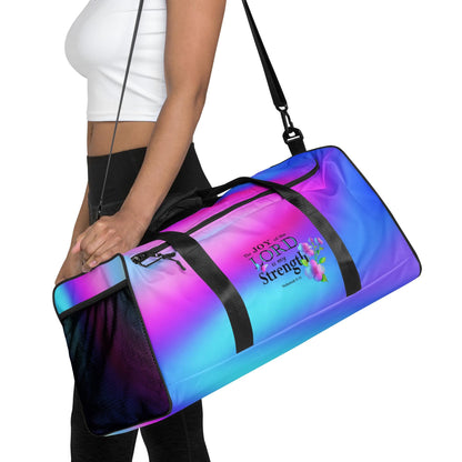 Sports Duffel Bag, Nehemiah 8:10 'The Lord is My Strength' Floral Design, Sports Gym Equipment Gear, Valentines Gift, Active Christian Women - Printspirationz