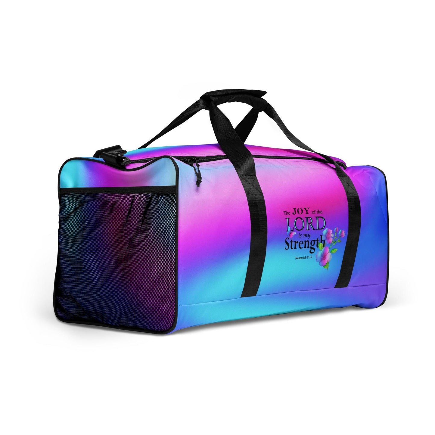 Sports Duffel Bag, Nehemiah 8:10 'The Lord is My Strength' Floral Design, Sports Gym Equipment Gear, Valentines Gift, Active Christian Women - Printspirationz