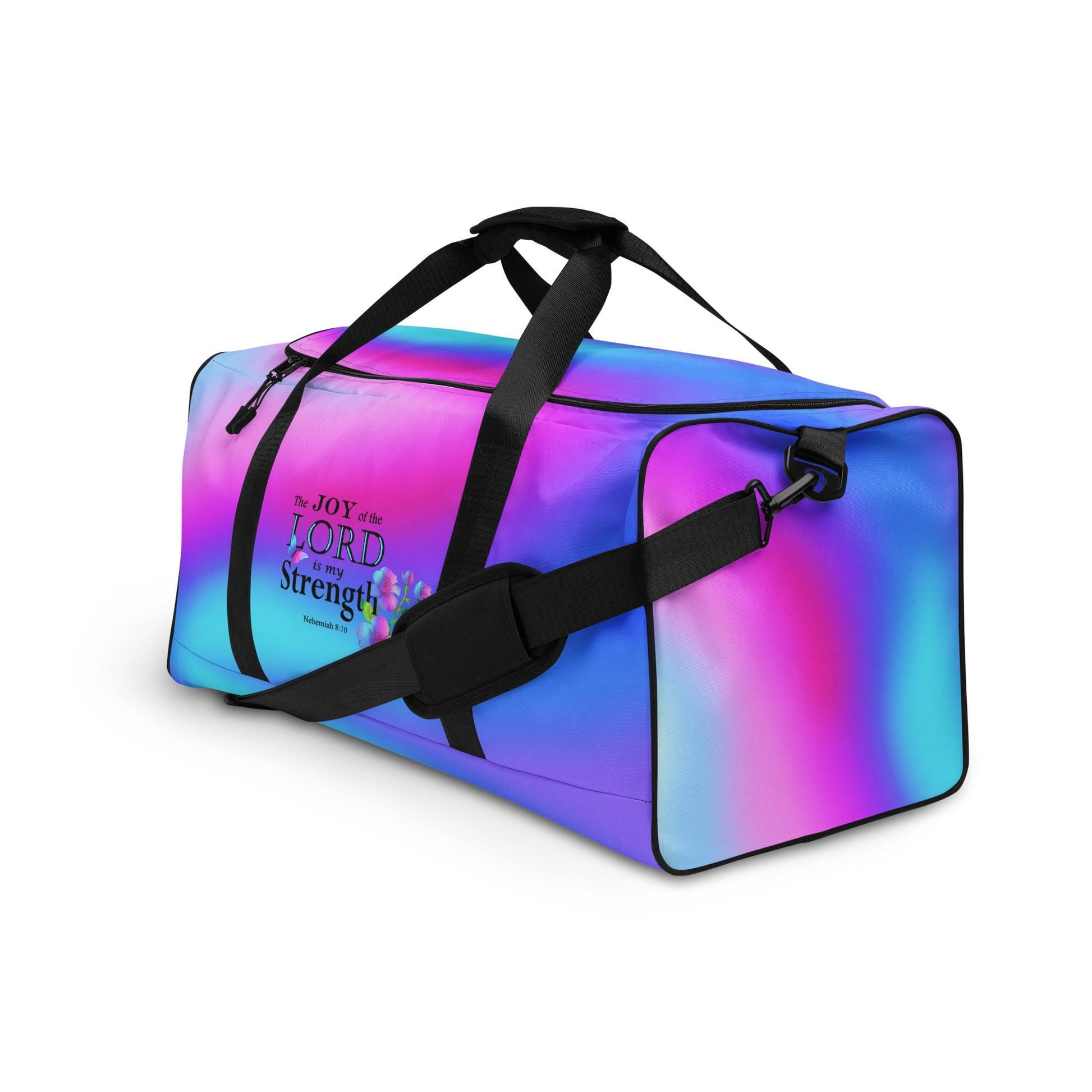 Sports Duffel Bag, Nehemiah 8:10 'The Lord is My Strength' Floral Design, Sports Gym Equipment Gear, Valentines Gift, Active Christian Women - Printspirationz