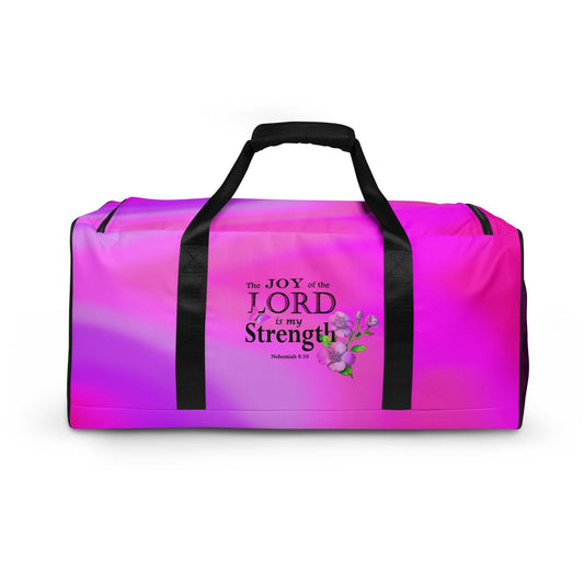 Sports Duffel Bag, Nehemiah 8:10 'The Lord is My Strength' Floral Design, Sports Gym Equipment Gear, Valentines Gift, Active Christian Women - Printspirationz