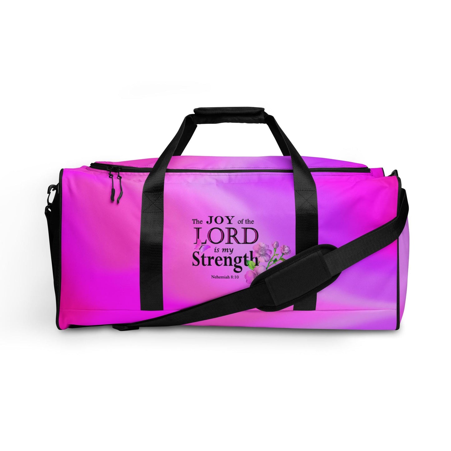 Sports Duffel Bag, Nehemiah 8:10 'The Lord is My Strength' Floral Design, Sports Gym Equipment Gear, Valentines Gift, Active Christian Women - Printspirationz