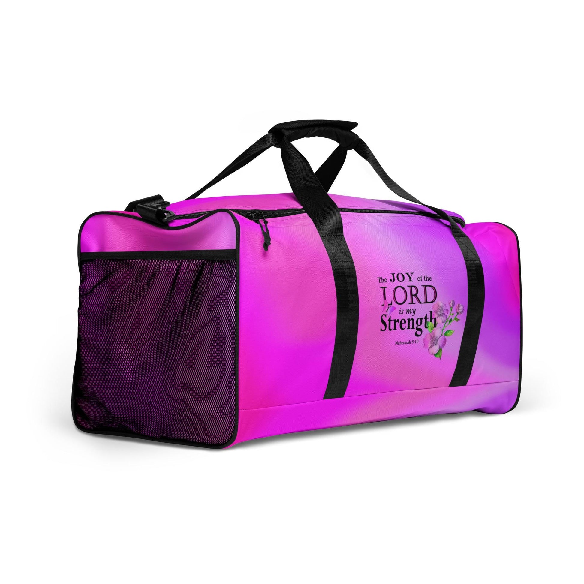 Sports Duffel Bag, Nehemiah 8:10 'The Lord is My Strength' Floral Design, Sports Gym Equipment Gear, Valentines Gift, Active Christian Women - Printspirationz