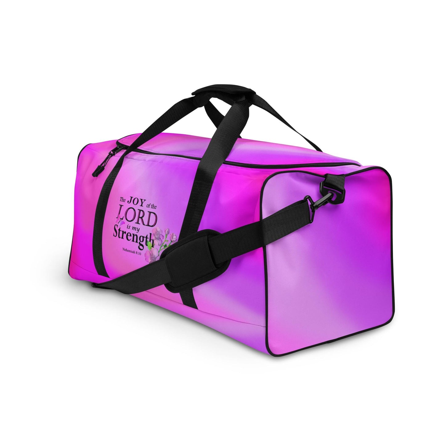 Sports Duffel Bag, Nehemiah 8:10 'The Lord is My Strength' Floral Design, Sports Gym Equipment Gear, Valentines Gift, Active Christian Women - Printspirationz