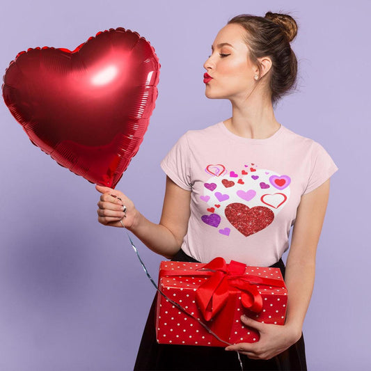 Valentine's Day Pink T-Shirt For Women with Adorable Heart Design - A Sweet Statement Piece! Women's Relaxed T-Shirt - Printspirationz
