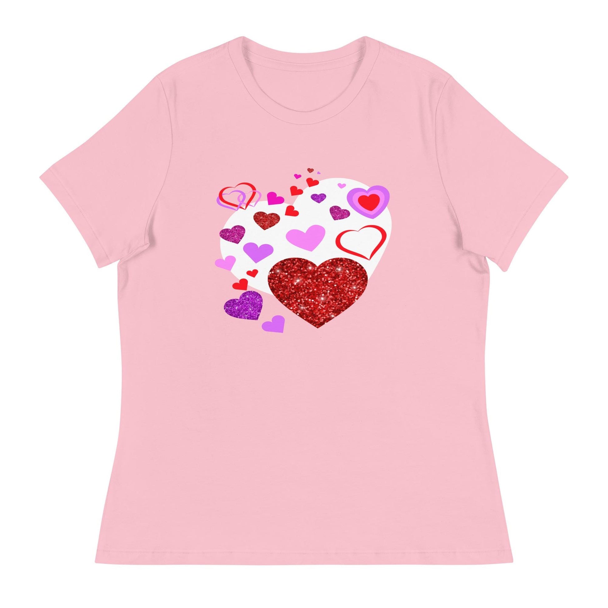 Valentine's Day Pink T-Shirt For Women with Adorable Heart Design - A Sweet Statement Piece! Women's Relaxed T-Shirt - Printspirationz