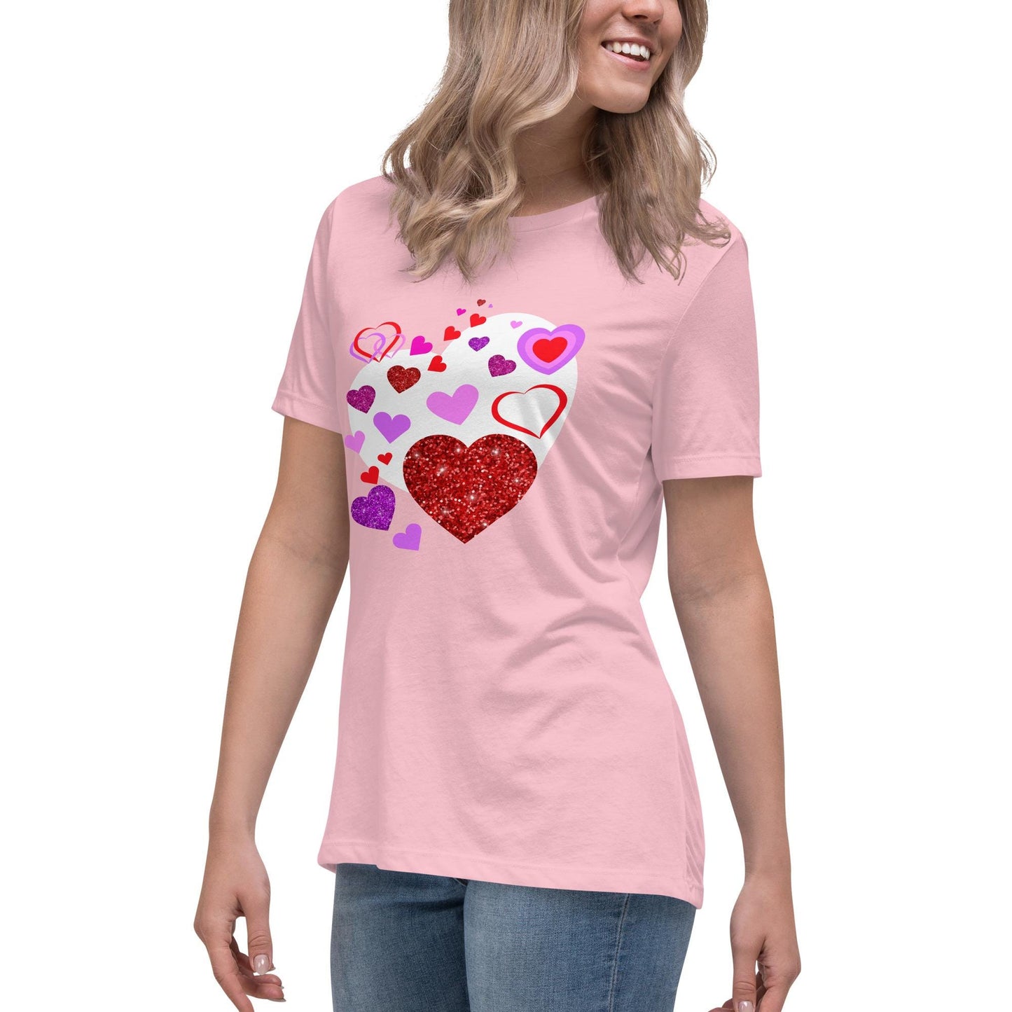 Valentine's Day Pink T-Shirt For Women with Adorable Heart Design - A Sweet Statement Piece! Women's Relaxed T-Shirt - Printspirationz