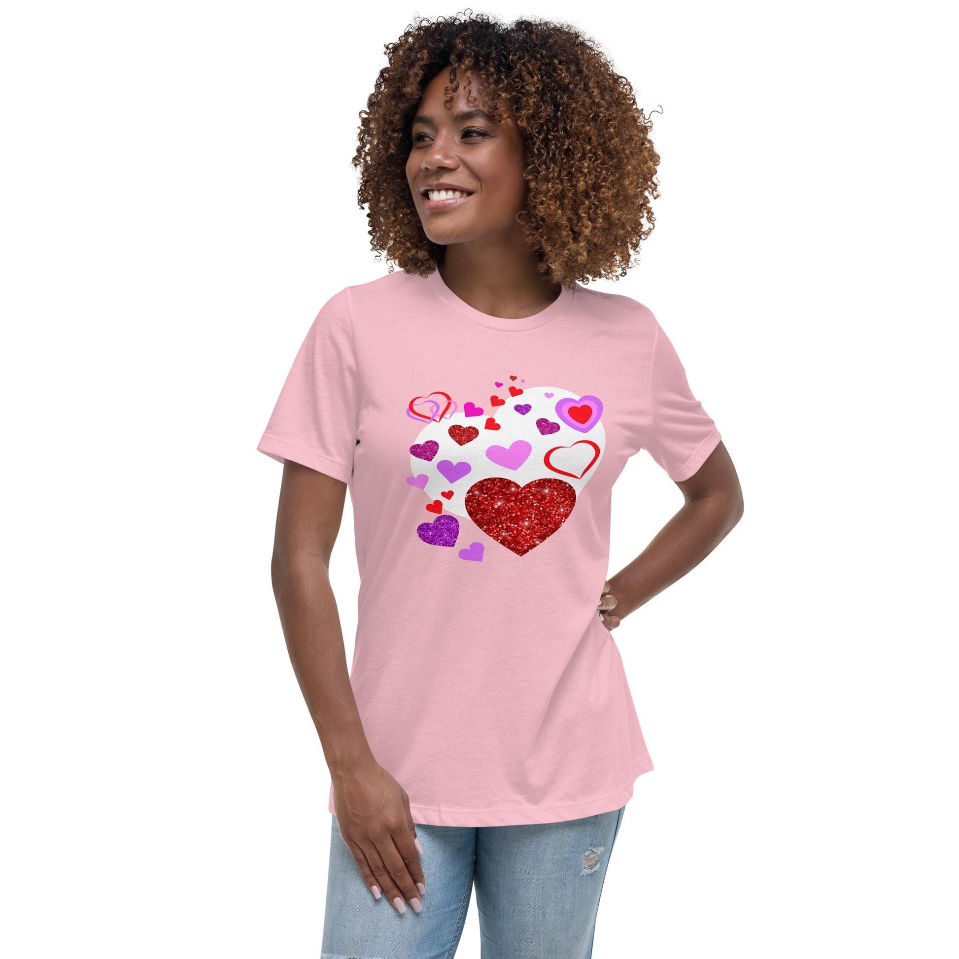 Valentine's Day Pink T-Shirt For Women with Adorable Heart Design - A Sweet Statement Piece! Women's Relaxed T-Shirt - Printspirationz