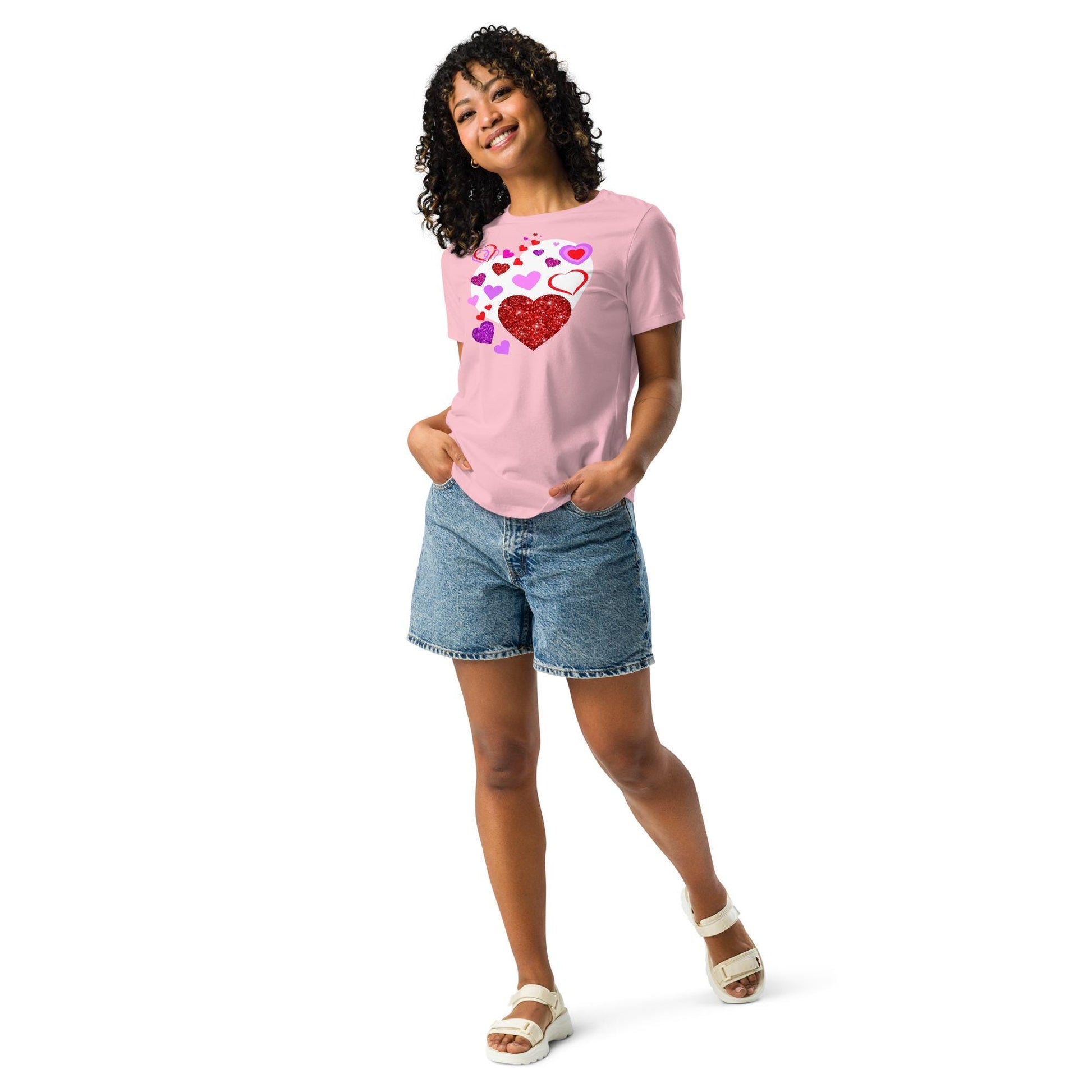 Valentine's Day Pink T-Shirt For Women with Adorable Heart Design - A Sweet Statement Piece! Women's Relaxed T-Shirt - Printspirationz