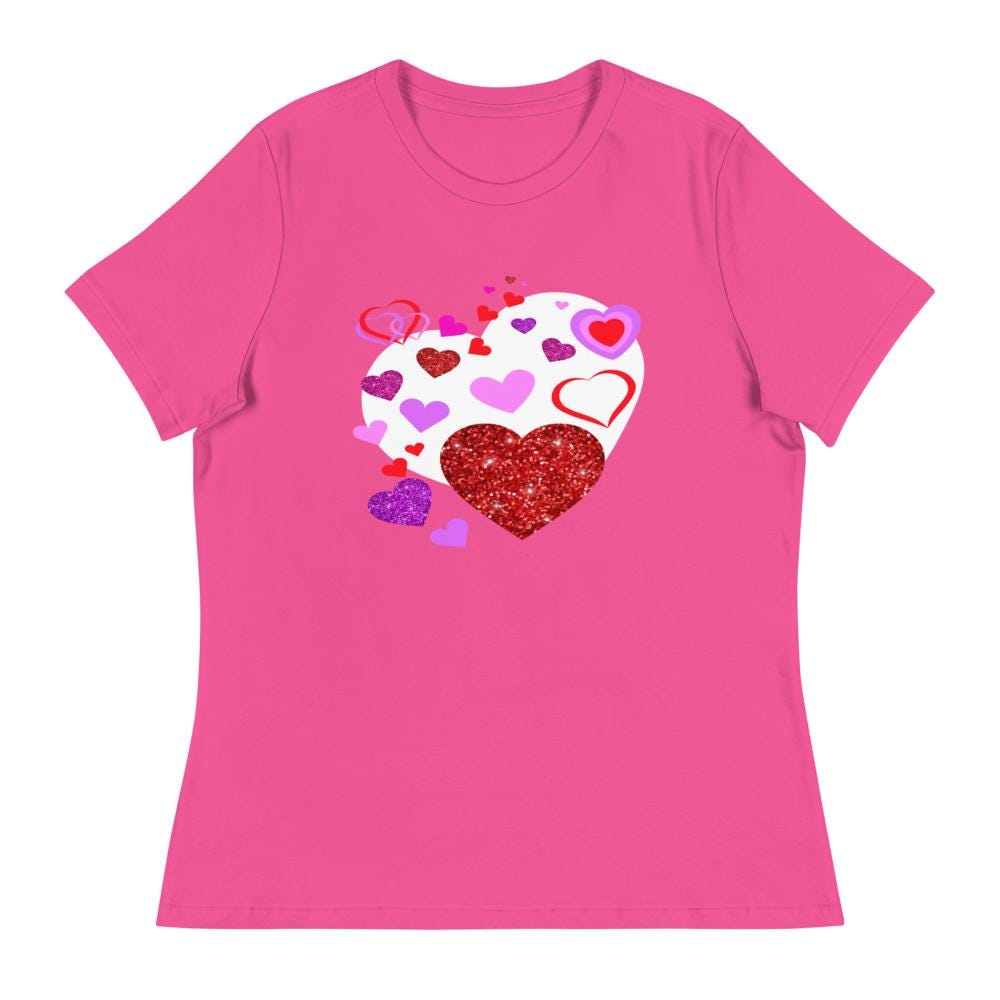 Valentine's Day Pink T-Shirt For Women with Adorable Heart Design - A Sweet Statement Piece! Women's Relaxed T-Shirt - Printspirationz