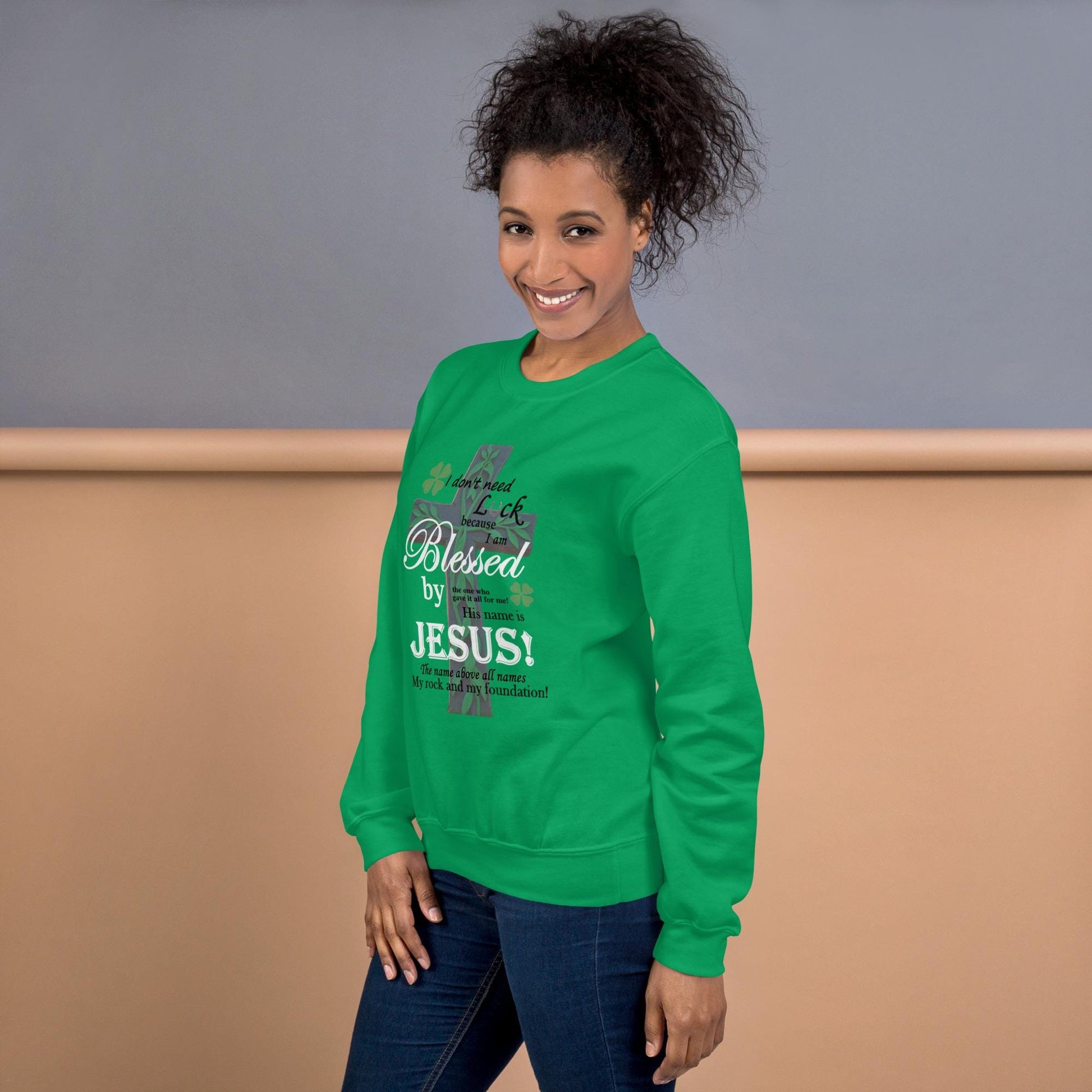 Christian St. Patrick's Day Sweatshirt - Blessed, not Lucky Shamrock Design - Printspirationz