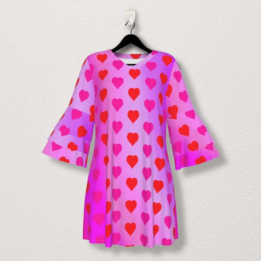 Adorable Hearts on a Pink Gradient Background Stacked Ruffle Sleeve Dress - Perfect for Little Girls' Spring & Summer Outfits!