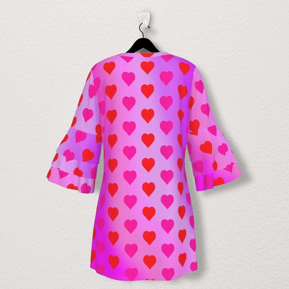 Adorable Hearts on a Pink Gradient Background Stacked Ruffle Sleeve Dress - Perfect for Little Girls' Spring & Summer Outfits!