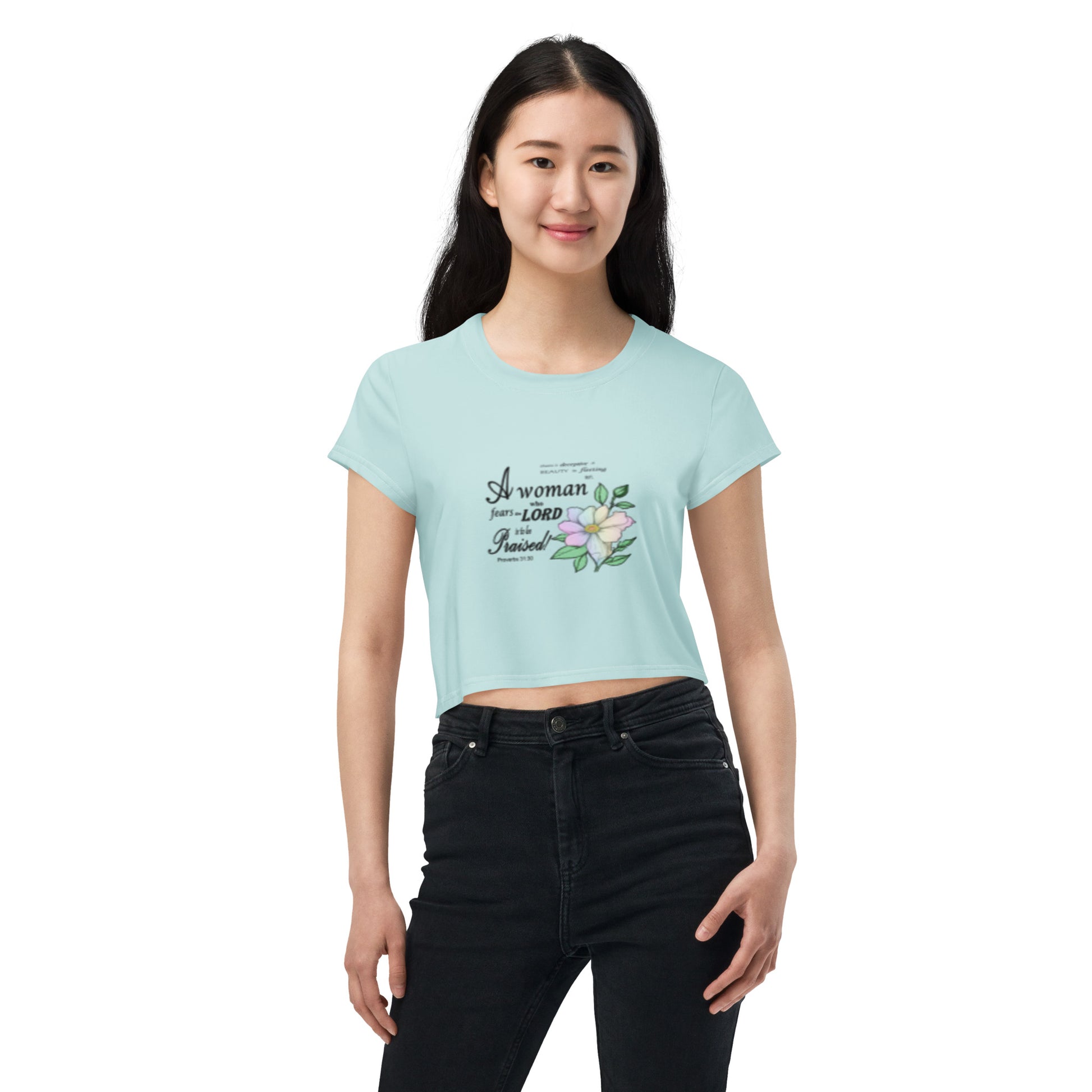 Aqua Crop Tee with Proverbs 31 Bible Verse - Inspirational Christian Women's Shirt - Printspirationz