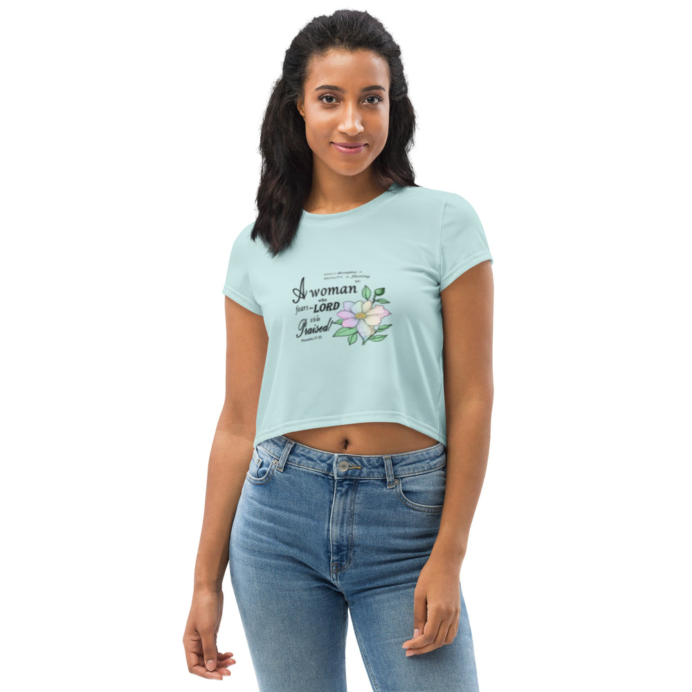 Aqua Crop Tee with Proverbs 31 Bible Verse - Inspirational Christian Women's Shirt