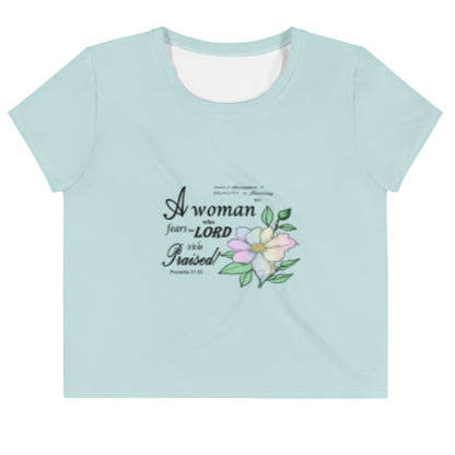 Aqua Crop Tee with Proverbs 31 Bible Verse - Inspirational Christian Women's Shirt - Printspirationz