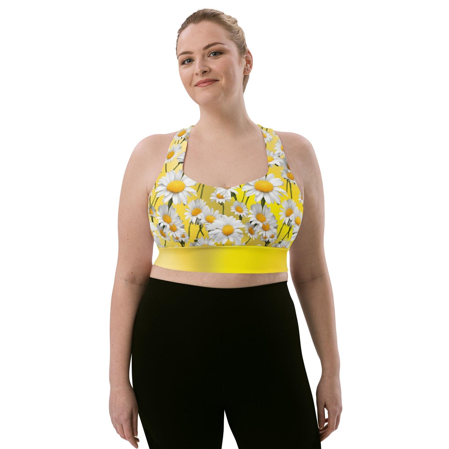 Cheerful Daisies Recycled Longline Sports Bra, Colorful Workout Top, Seamless Sports Bra Print, Women's Activewear, Gym Essentials Bra - Printspirationz