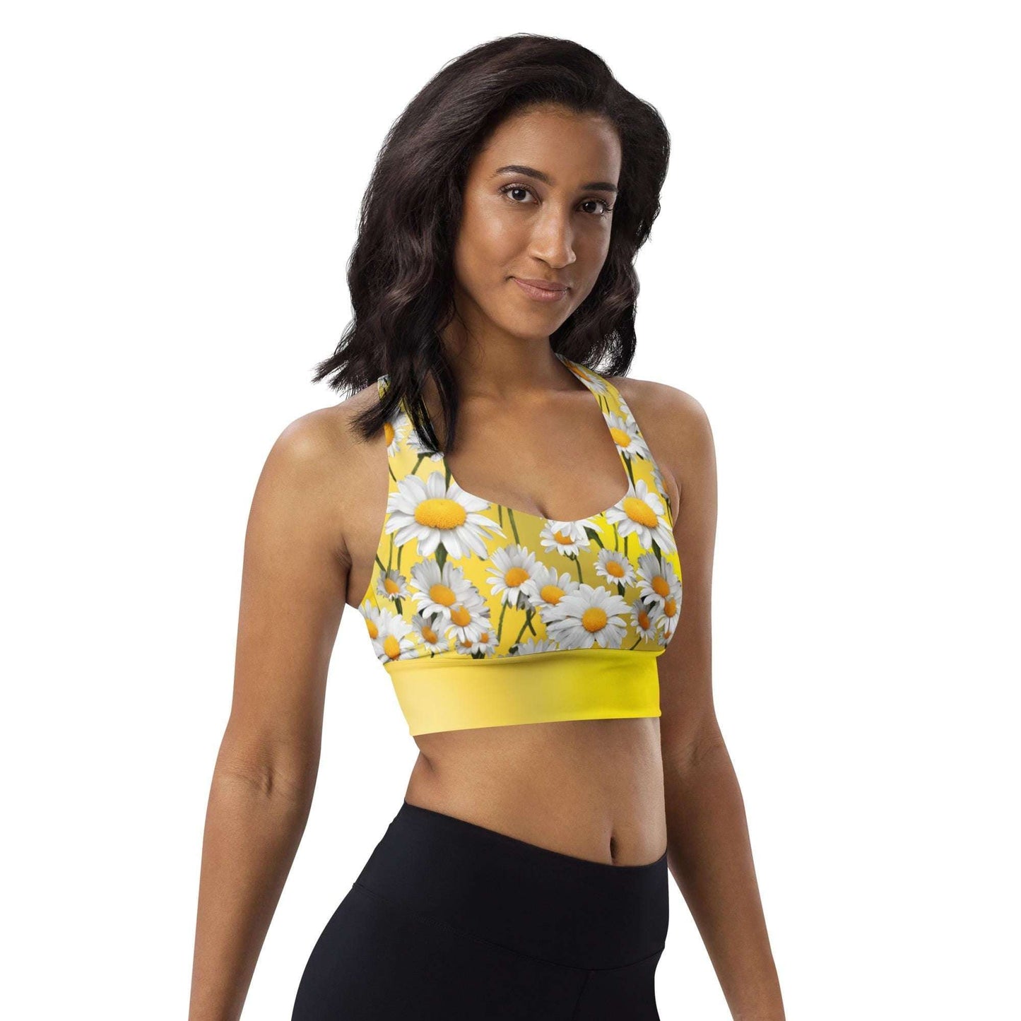 Cheerful Daisies Recycled Longline Sports Bra, Colorful Workout Top, Seamless Sports Bra Print, Women's Activewear, Gym Essentials Bra