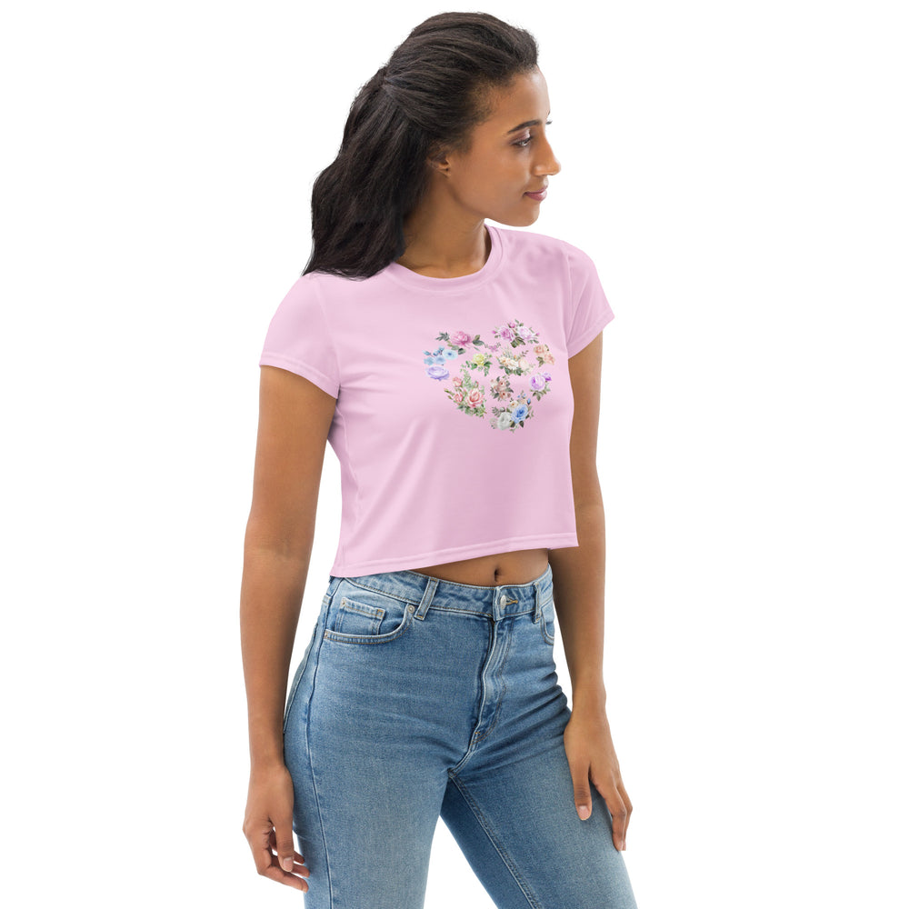Cute Feminine Crop Pink Tee For Women with a Floral Design in the Shape of a Heart, Minimalist Graphic Decal Crop T-shirt Fun and Flirty Feminine - Perfect for Spring and Summer Fun Half Tee