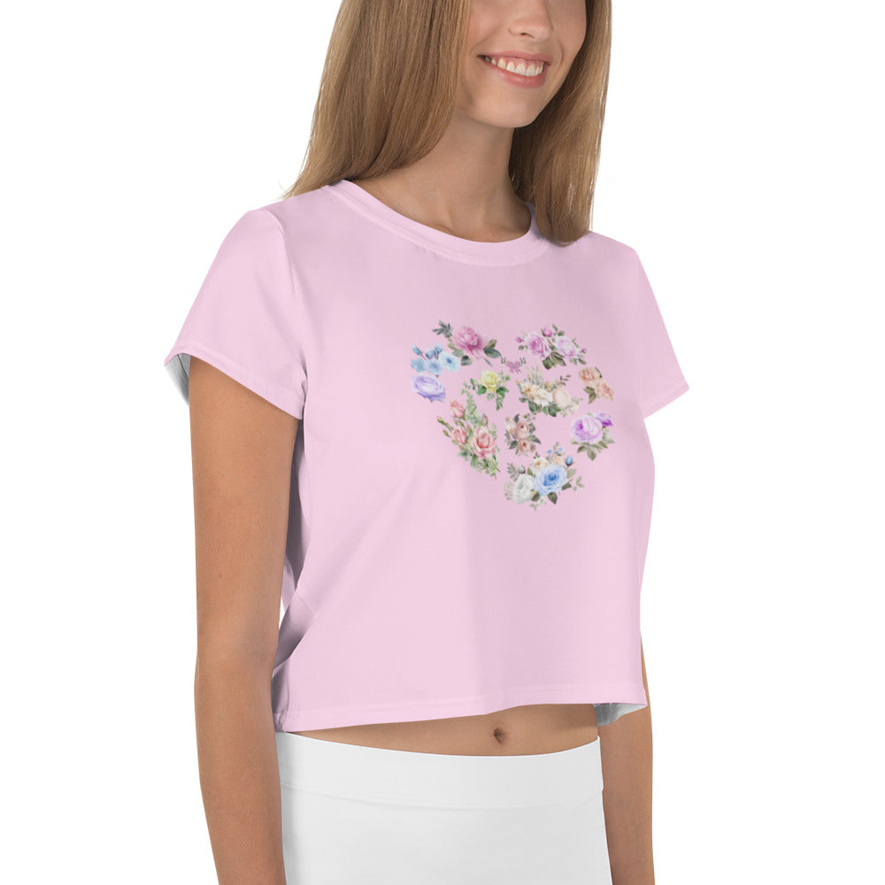 Cute Feminine Crop Pink Tee For Women with a Floral Design in the Shape of a Heart, Minimalist Graphic Decal Crop T-shirt Fun and Flirty Feminine - Perfect for Spring and Summer Fun Half Tee