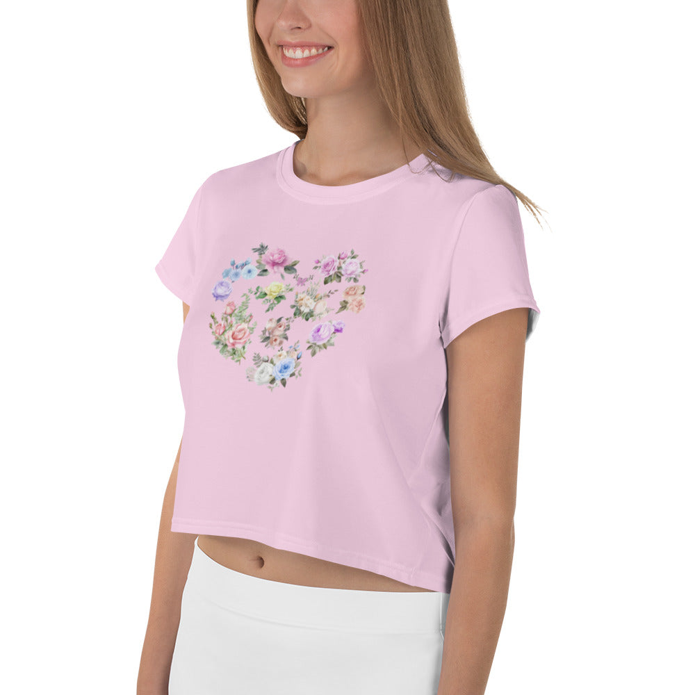 Cute Feminine Crop Pink Tee For Women with a Floral Design in the Shape of a Heart, Minimalist Graphic Decal Crop T-shirt Fun and Flirty Feminine - Perfect for Spring and Summer Fun Half Tee