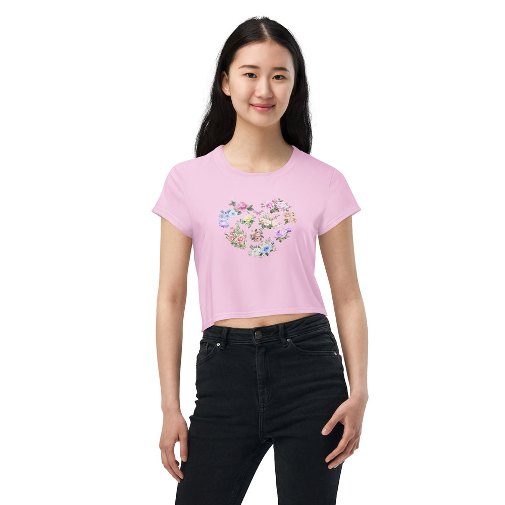 Cute Feminine Crop Pink Tee For Women with a Floral Design in the Shape of a Heart, Minimalist Graphic Decal Crop T-shirt Fun and Flirty Feminine - Perfect for Spring and Summer Fun Half Tee