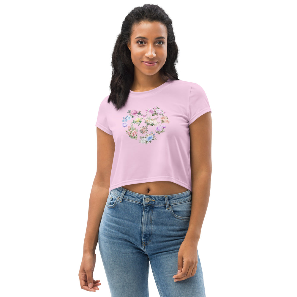 Cute Feminine Crop Pink Tee For Women with a Floral Design in the Shape of a Heart, Minimalist Graphic Decal Crop T-shirt Fun and Flirty Feminine - Perfect for Spring and Summer Fun Half Tee